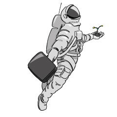 Astronaut aan het pionieren met kiem in de hand.