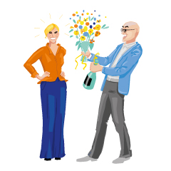 Verwachting van een comlpiment met bloemen en cadeau's.