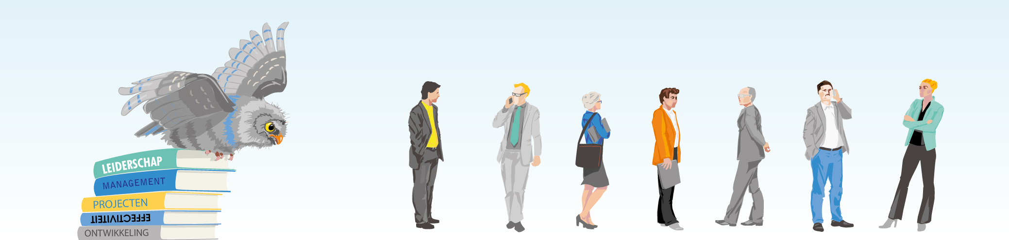 Ambitieuze talentvolle managers. Bijna volwassen uil staat op punt uit te vliegen.