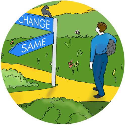 Continue on the same way or choose other way. Standing for the choice: same or change.