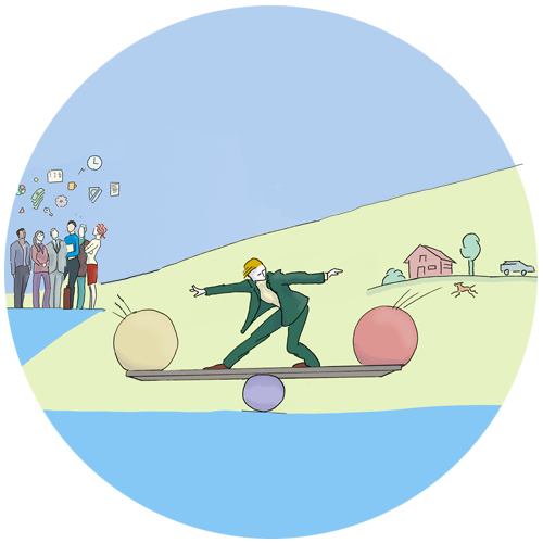 Balance in work, private and personality. Balancing with all kinds of factors in work and private life.