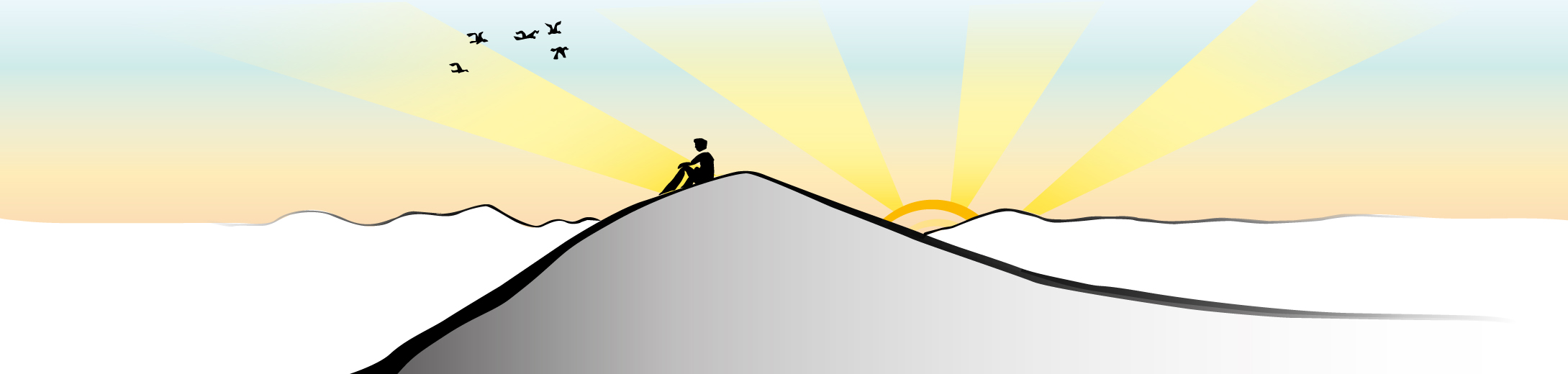 Persoon zit op berg, na te denken, bij zonsondergang.